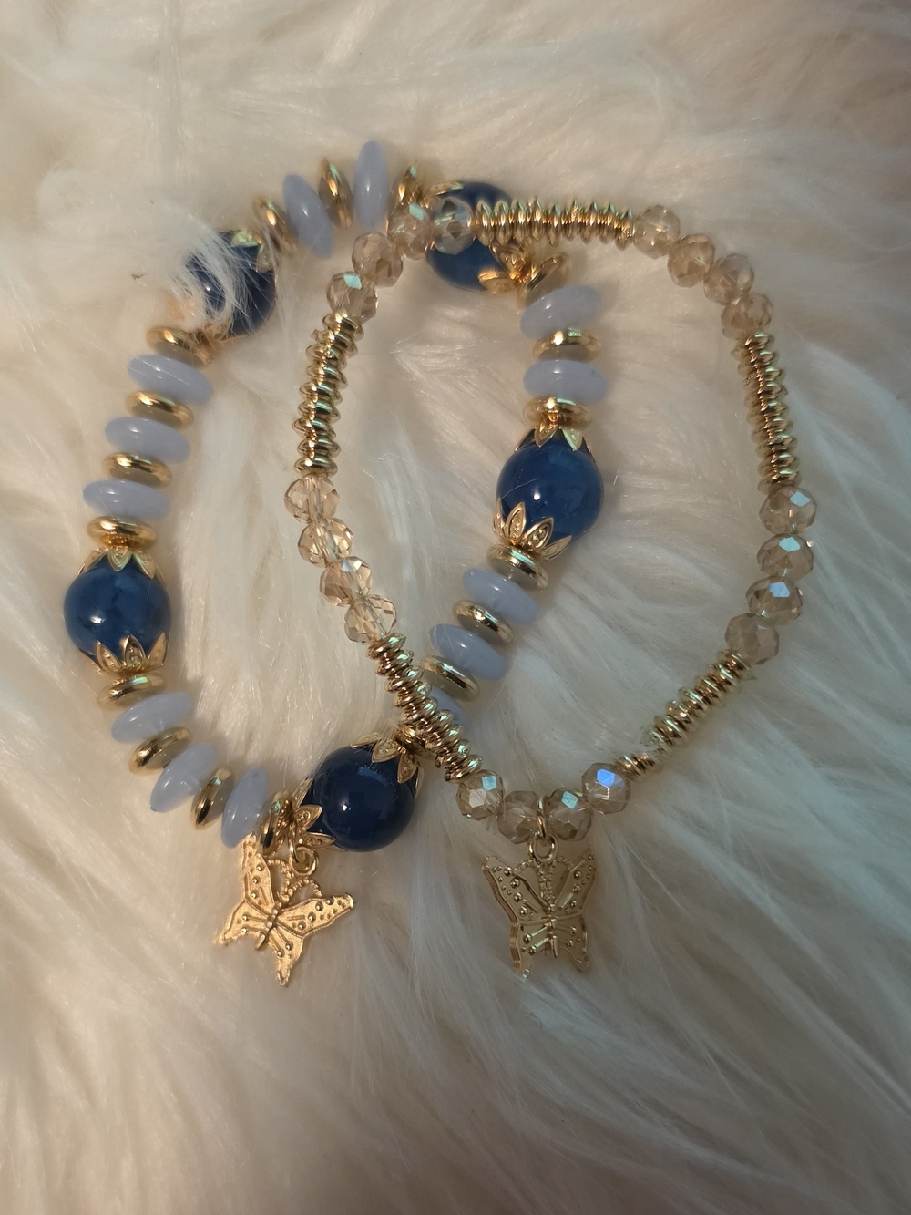 Gold & Blue Butterfly Beaded Stretch Bracelet Set